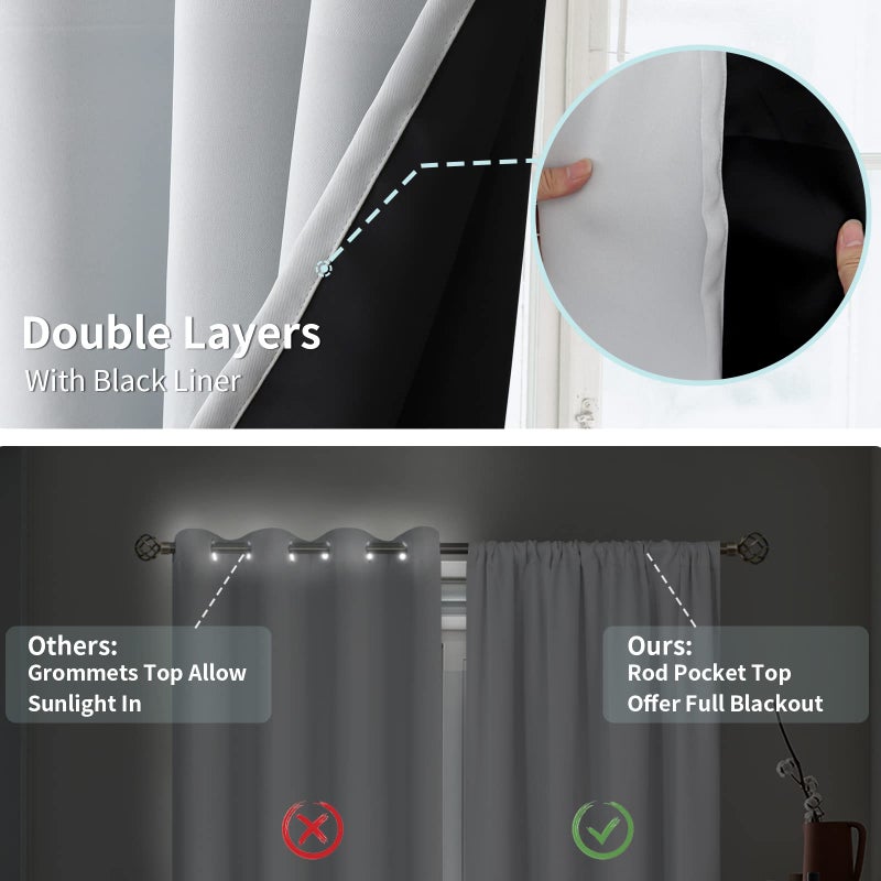 BGment Thermal Insulated 100% Blackout Curtains for Bedroom with Black Liner, Double Layer Full Room Darkening Noise Reducing Rod Pocket Curtain (42 x 63 Inch, Greyish White, 2 Panels) - Image 5